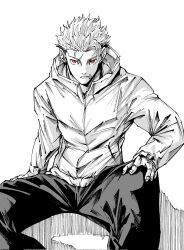  1boy closed_mouth commentary_request greyscale hair_slicked_back hand_on_own_knee highres itadori_yuji jacket jujutsu_kaisen jujutsu_kaisen_modulo looking_at_viewer male_focus monochrome pants red_eyes scar scar_across_eye scar_on_face scar_on_mouth short_hair simple_background sitting solo spot_color white_background zumio1218 