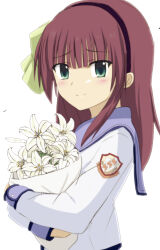  1girl absurdres angel_beats! black_hairband blue_sailor_collar blunt_bangs blush bouquet bow closed_mouth commentary_request emblem eyes_visible_through_hair flower green_bow green_eyes hair_between_eyes hair_bow hairband highres holding holding_bouquet lelie_(lelie_link) long_hair long_sleeves looking_at_viewer nakamura_yuri purple_hairband red_hair sailor_collar sailor_shirt shinda_sekai_sensen_uniform shirt sidelocks simple_background smile solo split_mouth upper_body white_background white_flower white_shirt 