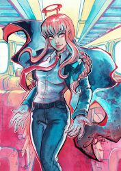  1girl belt black_belt blood blood_halo blue_coat blue_pants braid braided_ponytail breasts business_suit chainsaw_man coat collared_shirt commentary english_commentary formal_clothes halo highres liquid_halo long_coat long_hair looking_at_viewer makima_(chainsaw_man) medium_breasts necktie painting_(medium) pants red_hair red_halo red_necktie ringed_eyes shirt shirt_tucked_in si3art sidelocks smile solo suit traditional_media train_interior watercolor_(medium) white_shirt yellow_eyes 