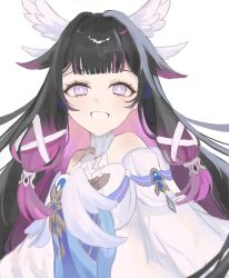  1girl bare_shoulders black_hair bow columbina_(genshin_impact) commentary_request dress genshin_impact hair_ornament hair_ribbon head_wings highres long_hair miyamiyayaaaa multicolored_hair multiple_wings open_mouth purple_hair purple_streaks ribbon simple_background smile solo streaked_hair two-tone_hair upper_body very_long_hair violet_eyes white_background white_dress white_wings wing_hair_ornament wings 