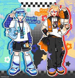  2boys :3 absurdres alternate_costume altventurer_(regis_altare) arm_warmers axel_syrios axelotl_(axel_syrios) bag ball bandaid bandaid_on_leg basketball_(object) belt black_arm_warmers black_belt black_choker black_pants black_shorts blonde_hair blue_hair blue_hat blue_shirt braid bucket_hat character_charm character_doll character_name charm_(object) choker collared_shirt dog_tags doll drop_shadow fake_tail fangs fashion fox_tail green_eyes halftone hat highres hiimtae_sb holding holding_ball holostars holostars_english hood hooded_vest hoodie lanyard layered_shirt layered_sleeves leg_warmers long_sleeves male_focus multicolored_hair multiple_boys no_sclera open_mouth orange_vest outline pants pikachu plaid_clothes plaid_shirt pokemon red_hair red_streaks regis_altare shirt short_over_long_sleeves short_sleeves shorts side_braid single_braid snailtare star_(symbol) streaked_hair striped_leg_warmers t-shirt tail tote_bag v vest virtual_pet_(toy) white_outline white_shirt zipper 