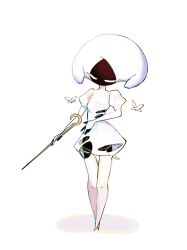  17hornet77987 1girl arthropod_girl black_skin bodysuit bug butterfly closed_eyes colored_skin commentary full_body hat highres holding holding_weapon hollow_knight hollow_knight:_silksong lace_(hollow_knight) long_sleeves pin_(hollow_knight) puffy_long_sleeves puffy_sleeves simple_background solo standing torn_clothes weapon white_background white_bodysuit white_hat 