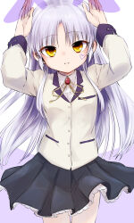  1girl angel_beats! animal_ears arms_up black_skirt brooch collared_shirt commentary_request cowboy_shot drawn_ears eyes_visible_through_hair frilled_skirt frills grey_hair heart highres jacket jewelry light_smile long_hair long_sleeves looking_at_viewer miniskirt neck_ribbon parted_bangs parted_lips pleated_skirt rabbit_ears rabbit_pose ribbon school_uniform shiroabe shirt sidelocks simple_background skirt solo straight_hair tachibana_kanade very_long_hair white_background white_shirt yellow_eyes yellow_jacket yellow_ribbon 