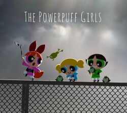  3girls absurdres alternate_costume artist_name black_hair blonde_hair blossom_(ppg) blue_dress blue_eyes blue_sky blunt_bangs bubbles_(ppg) buttercup_(ppg) chain-link_fence clouds cloudy_sky commentary_request copyright_name dress english_text fence frog green_dress green_eyes grin hair_ribbon highres holding holding_stick mary_janes multiple_girls noah_(rokoroko) open_mouth orange_hair pantyhose parted_bangs pink_dress pink_eyes powerpuff_girls raincoat raised_eyebrow red_ribbon ribbon shoes siblings sisters sky smile stick teeth triplets twig twintails twitter_username watermark white_pantyhose 