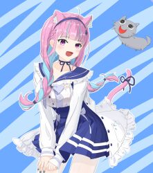  1girl ahoge animal_ear_fluff animal_ears blue_choker blue_hair blue_nails blue_sailor_collar blue_skirt bow braid cat_ears cat_girl cat_tail choker commentary_request highres hololive jacket long_hair looking_at_viewer minato_aqua minato_aqua_(sailor) morotade_kudou multicolored_hair nail_polish neko_(minato_aqua) official_alternate_costume official_alternate_hairstyle pink_hair ribbon_choker sailor_collar shirt skirt smile solo tail tail_bow tail_ornament twin_braids two-tone_hair virtual_youtuber white_jacket white_shirt 