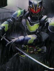  1boy armor black_armor black_bodysuit black_helmet blurry blurry_background bodysuit bujinsword_buckle cape desire_driver green_armor helmet highres holding holding_sword holding_weapon kamen_rider kamen_rider_geats_(series) kamen_rider_tycoon kamen_rider_tycoon_bujinsword katana male_focus rain solo stella_04_02 sword tokusatsu weapon 