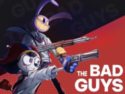  1boy 1girl aiming animal_ears asymmetrical_gloves blue_eyes blue_gloves blue_hat colored_skin colored_teeth commentary english_commentary english_text gloves gun hat highres holding holding_gun holding_weapon jax_(the_amazing_digital_circus) jester_cap multicolored_eyes necktie pomni_(the_amazing_digital_circus) purple_skin rabbit_boy rabbit_ears red_eyes red_gloves red_hat red_necktie rifle shirt smile smokee_q suspenders the_amazing_digital_circus two-tone_eyes two-tone_hat upper_body weapon white_shirt yellow_eyes yellow_gloves yellow_teeth 