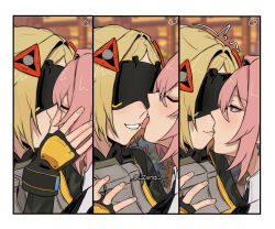  2girls blindfold_mask blonde_hair blush closed_eyes covered_eyes eye_contact face-to-face hair_ornament highres kiss long_hair looking_at_another mask multiple_girls pink_hair tight_clothes triangle_hair_ornament trigger_(zenless_zone_zero) tsukishiro_yanagi yuri zanqi zenless_zone_zero 