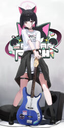  1girl absurdres animal_ears bass_guitar black_hair blue_archive cat_ears chinese_commentary clothes_around_waist colored_inner_animal_ears colored_inner_hair commentary_request extra_ears full_body halo highres holding holding_bass_guitar holding_instrument instrument jacket jacket_around_waist jianjia kazusa_(band)_(blue_archive) kazusa_(blue_archive) multicolored_hair official_alternate_costume pink_hair pink_halo print_shirt red_eyes shirt short_hair skirt standing two-tone_hair white_shirt white_skirt 