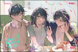  1boy 2girls birthday_cake black_hair brother_and_sister cake cho_kaguya-hime! commentary_request confetti dated eating food fruit glasses green_eyes happy_birthday hatyo highres holding_utensil korean_commentary looking_at_another looking_at_viewer medium_hair mikado_akira_(cho_kaguya-hime!) mole mole_under_eye mother_and_child mother_and_daughter mother_and_son multiple_girls open_mouth parent_and_child recording sakayori_iroha sakayori_momiji short_hair short_sleeves siblings smile strawberry upper_body v 