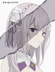  1girl blunt_bangs braid crown_braid detached_collar emilia_(re:zero) flower gem green_gem grey_hair hair_flower hair_ornament highres long_hair looking_at_viewer medium_hair page_tear pointy_ears portrait purple_ribbon re:zero_kara_hajimeru_isekai_seikatsu revealing_layer ribbon signature simple_background solo ura_1202 white_background white_flower x_hair_ornament 