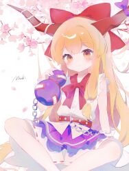  1girl absurdres artist_name belt blonde_hair bow bowtie branch buttons chain cherry_blossoms closed_mouth commentary falling_petals feet_out_of_frame frilled_wrist_cuffs frills hair_bow hand_up highres holding horn_bow horn_ornament horns ibuki_suika indian_style looking_at_viewer low-tied_sidelocks misakiii orange_eyes petals pink_petals purple_bow purple_skirt red_belt red_bow red_bowtie ribbon-trimmed_skirt ribbon_trim shirt sidelocks sitting skirt sleeveless sleeveless_shirt smile solo touhou white_shirt white_skirt white_wrist_cuffs wrist_cuffs 