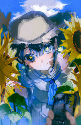  1girl absurdres blue_eyes blue_hair blue_neckerchief blue_sky blush cellphone clouds commentary_request flower hair_between_eyes hat hatsune_miku highres ima_sugu_rinne_(vocaloid) looking_at_viewer matofu neckerchief phone pleated_skirt pov skirt sky smartphone smile solo star_(symbol) star_in_eye sun_hat sunflower symbol_in_eye translation_request vocaloid 