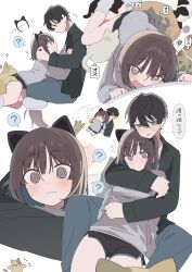  1boy 1girl ? @_@ absurdres animal_ear_hairband animal_ears arrow_(symbol) black_shirt black_shorts blush brown_hair cat cat_ear_hairband cat_ears commentary_request cushion dolphin_shorts fake_animal_ears grey_eyes grey_sweater hairband highres hug hug_from_behind long_sleeves looking_at_another loose_socks multiple_cats okishiro_momoka_(shin_no_tenpii) open_clothes open_mouth open_shirt original shin_no_tenpii shirt short_hair shorts simple_background socks spoken_question_mark sweat sweater tearing_up translation_request wavy_mouth white_background white_socks 