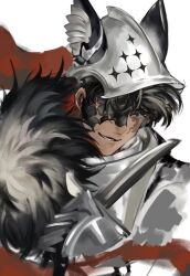 1boy animal_ear_helmet animal_helmet armor black_hair blue_eyes breastplate burn_scar commentary eat_cola eye_mask half_eye_mask highres j_(reverse:1999) j_(the_lone_wolf's_howl)_(reverse:1999) looking_at_viewer male_focus mask mask_over_one_eye official_alternate_costume portrait reverse:1999 scar scar_on_face short_hair smile solo white_background 