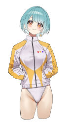  absurdres commentary_request competition_swimsuit groin hand_in_pocket highleg highres jacket jersey kanikousen_(gghya37) one-piece_swimsuit piercing shiranami_ramune short_hair swimsuit track_jacket track_suit virtual_youtuber vspo! 