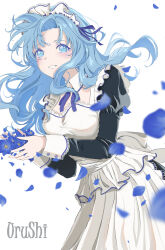  1girl absurdres apron artist_name black_dress blue_eyes blue_flower blue_hair blue_ribbon blurry blurry_foreground commentary detached_collar dress flower grin highres holding holding_flower juliet_sleeves lace-trimmed_apron lace-trimmed_sleeves lace_trim long_hair long_sleeves looking_at_viewer maid maid_apron maid_headdress neck_ribbon original petals puffy_sleeves ribbon ribbon-trimmed_headwear ribbon_trim simple_background smile solo upper_body urushi_2022 white_apron white_background 