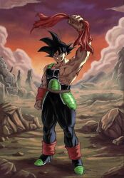  1boy arm_up armor bandana bardock battle_damage black_armor black_bodysuit black_hair blood blood_on_face bodysuit dragon_ball dragon_ball_z full_body green_armor highres holding male_focus red_bandana saiyan_armor scar scar_on_face solo spiky_hair standing sydoria 