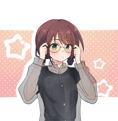  1girl adjusting_eyewear bespectacled black-framed_eyewear blue_eyes blush closed_mouth commentary_request girls_band_cry glasses iseri_nina lemoontya long_sleeves looking_at_viewer orange-tinted_eyewear red_hair round_eyewear short_hair solo tinted_eyewear upper_body 