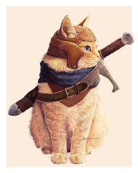  animal animal_focus artist_name blue_scarf border cat commentary_request helmet highres kamimon2016 no_humans orange_cat original scarf sheath sheathed sword sword_on_back weapon weapon_on_back white_border yellow_background 
