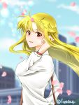  1girl bag bangs blonde_hair carrying day fate_testarossa hand_in_own_hair handbag highres leonis_g long_hair long_sleeves looking_at_viewer lyrical_nanoha open_mouth outdoors petals red_eyes shirt smile solo standing twitter_username watch watch white_shirt wind 