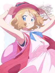  1girl armpits arms_up bag blonde_hair blue_bow blue_eyes blush bow breasts dress hat highres jacket official_alternate_costume parted_lips pink_bag pink_dress pink_hat pokemon pokemon_(anime) pokemon_the_series:_xy red_hat red_jacket serena_(pokemon) serizawa_serizane sleeveless sleeveless_dress sleeveless_jacket solo 