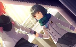  2girls aihara_tsubaki aihara_tsubaki_(cosplay) black_hair black_skirt blazer blue_scarf blunt_bangs brown_eyes closed_mouth commentary_request cosplay curtains dutch_angle game_asset green_scarf grey_jacket highres holding_hands hood hooded_jacket jacket letterboxed long_sleeves looking_at_another multiple_girls necktie non-web_source official_art ongeki outdoors pantyhose plaid_clothes plaid_scarf pleated_skirt red_hair scarf school_uniform self-datamine senju_koyomi shirt short_hair skirt smile striped_clothes striped_scarf white_jacket world_dai_star 