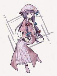  1girl blue_bow bow capelet commentary_request crescent crescent_hat_ornament dress frilled_sleeves frills hair_bow hat hat_ornament highres long_hair long_sleeves looking_at_viewer mob_cap multiple_hair_bows patchouli_knowledge pink_capelet pink_dress pink_hat pink_socks purple_hair red_bow socks solo striped_clothes striped_dress touhou vertical-striped_clothes vertical-striped_dress very_long_hair violet_eyes wide_sleeves yatsushiki_shigi 