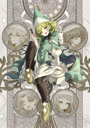  1boy 4girls :d ;d agott_arklaum_(tongari_boushi_no_atelier) brown_pants brown_shoes cloak closed_mouth coco_(tongari_boushi_no_atelier) commentary_request dress green_cloak green_eyes green_hair green_hat hair_between_eyes hand_up hat head_tilt highres holding holding_pen juliet_sleeves long_hair long_sleeves multiple_girls nib_pen_(object) one_eye_closed one_side_up pants pants_under_dress parted_bangs pen pince-nez puffy_sleeves qifrey_(tongari_boushi_no_atelier) richeh_(tongari_boushi_no_atelier) shoes smile star_(symbol) tetia_(tongari_boushi_no_atelier) tongari_boushi_no_atelier white_dress xephonia 