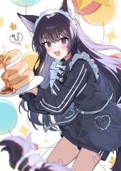  1girl :d absurdres animal_ear_fluff animal_ears black_hair commentary_request delta_(kagejitsu) facial_mark food highres kage_no_jitsuryokusha_ni_naritakute! long_hair looking_at_viewer maid maid_headdress matsumoto_yuu open_mouth smile solo tail very_long_hair violet_eyes wolf_ears wolf_girl wolf_tail 