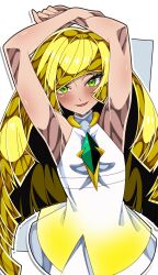  1girl bare_arms blonde_hair commentary_request diamond_(shape) dress gem green_eyes green_gem hair_over_one_eye highres long_hair lusamine_(pokemon) mature_female open_mouth pokemon pokemon_sun_and_moon shiki_(kisikisi1007) sleeveless sleeveless_dress smile solo very_long_hair white_dress 