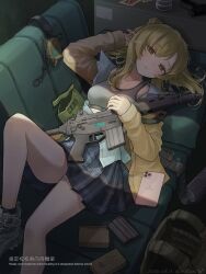  1girl assault_rifle bare_legs blonde_hair bottle bulletproof_vest cellphone commentary_request couch dated english_text gun handgun headphones highres holding holding_weapon long_hair lying mifune_(_mifune_707) open_clothes open_mouth original phone rifle school_uniform shade shirt shoes skirt sneakers solo sports_bra striped_clothes striped_skirt water_bottle weapon weapon_request yellow_eyes yellow_shirt 
