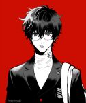  1boy amamiya_ren glasses greyscale greyscale_with_colored_background hair_between_eyes kanapy male_focus monochrome parted_lips persona persona_5 red_background school_uniform signature simple_background solo spot_color turtleneck uniform upper_body 