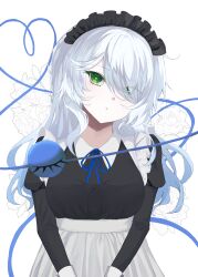  1girl absurdres alternate_costume alternate_hair_color apron black_skirt blue_hair blue_ribbon commentary_request disembodied_linked_eye enmaided eyeball floral_background gradient_hair green_eyes grey_hair heart heart-shaped_pupils heart_of_string highres juliet_sleeves komeiji_koishi komeiji_koishi_(spontaneous_white_beauty) kuro_wa_shinoru long_hair long_sleeves maid maid_headdress multicolored_hair neck_ribbon puffy_sleeves ribbon shirt skirt solo symbol-shaped_pupils touhou touhou_lostword waist_apron white_shirt 