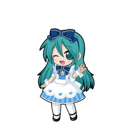  1girl ;d ankle_strap apron aqua_eyes aqua_hair back_bow black_outline black_shoes blue_bow blue_bowtie blue_dress blue_hairband blush bow bow_hairband bowtie chibi chibi_only dress full_body game_asset hair_between_eyes hairband hand_up hatsune_miku hatsune_miku_graphy_collection long_hair looking_at_viewer one_eye_closed open_mouth outline puffy_short_sleeves puffy_sleeves shoes short_sleeves smile solo standing striped_clothes striped_dress thigh-highs transparent_background vertical-striped_clothes vertical-striped_dress vocaloid white_apron white_thighhighs white_wrist_cuffs wrist_cuffs 