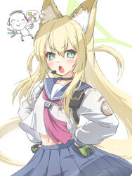  1boy 1girl absurdres animal_ear_fluff animal_ears black_choker black_gloves blue_archive blue_sailor_collar blue_skirt blush character_name chibi chibi_inset choker commentary cowboy_shot doodle_sensei_(blue_archive) fang floating_hair fox_ears fox_girl frown gloves glowstick green_eyes green_gloves green_halo hair_between_eyes halo hands_on_own_hips headset heart highres holding holding_glowstick kurumi_(blue_archive) long_hair long_sleeves looking_at_viewer midriff_peek miniskirt navel neckerchief open_mouth pink_neckerchief pleated_skirt sailor_collar sailor_shirt school_uniform sensei_(blue_archive) serafuku shirt sidelocks simple_background skirt solo_focus tomonx triangle_halo two-sided_gloves two_side_up v-shaped_eyebrows very_long_hair white_background white_shirt 