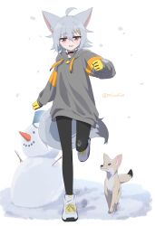 1girl absurdres ahoge animal_ear_fluff animal_ears black_pantyhose choker clenched_hands commentary fox fox_ears fox_girl fox_tail gloves grey_hair grey_hoodie grey_shoes highres hood hoodie long_sleeves minowa_sukyaru miwa_kitsune-chan open_mouth original pantyhose red_eyes running shoes short_hair smile sneakers snow snowing snowman solo tail untranslatable_commentary yellow_gloves 