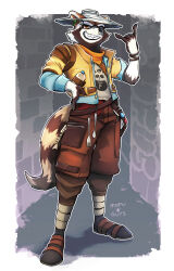  1boy animal_ears artist_name brown_pants english_commentary face_piercing fangs fork fortnite furry furry_male grey_shirt grin highres jacket male_focus mofu_gays neckerchief nose_piercing nose_ring orange_neckerchief pants piercing plastic_bottle raccoon_boy raccoon_ears raccoon_tail rufus_(fortnite) shirt smile spoon tail trashcan_lid yellow_jacket 