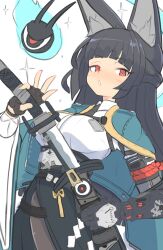  1girl animal_ear_fluff animal_ears aqua_jacket arm_out_of_sleeve black_gloves black_hair black_necktie black_skirt blunt_bangs breasts comically_large_ears fingerless_gloves fox_ears fox_girl gauntlets gloves green_jacket high-waist_skirt highres holding hoshimi_miyabi jacket jellcaps katana long_hair looking_at_viewer necktie red_eyes ring_hair_ornament shirt sidelocks single_fingerless_glove single_gauntlet skirt solo sword weapon white_shirt zenless_zone_zero 
