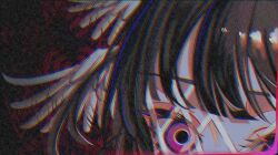  1girl black_hair columbina_(genshin_impact) commentary_request genshin_impact glowing glowing_eye head_wings highres looking_at_viewer penngazuki solo violet_eyes white_wings wings 