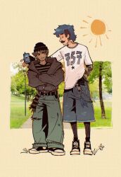  2boys arm_around_shoulder baggy_pants bandaid bandaid_on_face bandaid_on_nose beanie beard_stubble belt black_belt black_gloves black_hat black_shoes blue_hair blue_shorts brown_hair brown_jacket camouflage_sleeves can crossed_arms dark-skinned_male dark_skin denim denim_shorts ear_piercing earrings eyebrow_piercing face_piercing facial_hair fake_tail fingerless_gloves full_body gloves grey_leggings grey_pants hand_in_pocket hat highres holding holding_can hood hood_down hooded_jacket hoop_earrings humanization jacket jeans jewelry layered_sleeves leggings looking_at_another male_focus mohawk mordecai_(regular_show) multicolored_hair multiple_boys mustache neck_tattoo nose_piercing oversized_jacket pants park piercing print_shirt regular_show rigby shirt shoes short_hair shorts single_earring sneakers soulfullhyena standing striped_clothes striped_shirt stubble sun tail tattoo thick_eyebrows torn_clothes torn_pants tusks two-tone_hair wallet_chain white_shirt 