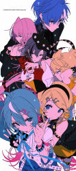  2boys 4girls absurdres ahoge aqua_eyes aqua_hair aqua_nails aqua_skirt arm_strap arms_behind_head bare_shoulders bass_clef black_hairband blonde_hair blue_eyes blue_hair brother_and_sister brown_hair chinese_commentary commentary_request double-parted_bangs earrings english_text fingerless_gloves gloves hair_between_eyes hair_ornament hairband hairclip hand_up hatsune_miku highres jewelry kagamine_len kagamine_rin kaito_(vocaloid) long_hair megurine_luka meiko_(vocaloid) multicolored_hair multiple_boys multiple_girls neckerchief necklace off-shoulder_shirt off_shoulder parallel_hairclips pink_hair ponytail profile red_neckerchief shirt short_hair short_ponytail siblings side_ponytail simple_background skirt star_(symbol) star_earrings strapless streaked_hair thigh_strap treble_clef tube_top twins v vocaloid watermark weibo_username weibo_watermark white_background white_streaks white_tube_top yellow_nails z3zz4 