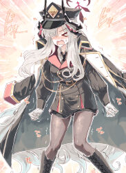  >_< 1girl absurdres black_boots black_coat black_hat black_jacket black_necktie black_pantyhose blue_archive blush boots coat coat_on_shoulders collared_shirt commentary_request demon_girl demon_horns grey_hair hair_over_one_eye halo hat highres horns jacket knee_boots long_hair makoto_(blue_archive) necktie open_mouth pantyhose peaked_cap red_halo revision shirt solo sunnysideup sweatdrop very_long_hair white_shirt 