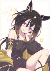  1girl absurdres animal_ears bare_shoulders belt black_belt black_hair black_jacket black_shirt black_shorts blush breasts brown_eyes brown_hair chanshiki character_name collarbone commentary_request ear_covers hair_between_eyes head_rest highres horse_ears horse_girl horseshoe jacket jacket_partially_removed long_hair long_sleeves looking_at_viewer multicolored_hair official_alternate_costume open_mouth shirt shorts small_breasts smile solo stay_gold_(umamusume) streaked_hair umamusume white_hair 