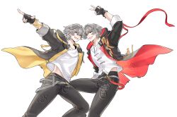  2boys arm_ribbon arm_up belt black_gloves black_jacket black_pants caelus_(honkai:_star_rail) caelus_(vim_and_vigor)_(honkai:_star_rail) chain chinese_clothes chinese_commentary collarbone commentary_request dragon_print dual_persona feet_out_of_frame fingerless_gloves fingernails floating_clothes gloves gold_chain grey_belt grey_hair hair_between_eyes highres honkai:_star_rail honkai_(series) hood hooded_jacket index_finger_raised jacket lapels leonrui looking_at_viewer male_focus multiple_belts multiple_boys official_alternate_costume one_eye_closed open_clothes open_jacket open_mouth pants pocket_watch red_belt red_jacket ribbon shirt short_hair simple_background smile standing t-shirt tangzhuang tassel tongue trailblazer_(honkai:_star_rail) two-sided_fabric two-sided_jacket w watch watermark white_background white_shirt yellow_eyes yellow_jacket 
