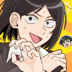  1boy 1girl annoyed black_hair collared_shirt commentary_request cousins futsuu_no_keion-bu grey_eyes hair_ornament hairpin hands_up highres kouyama_rin mera0802 pixie_cut shirt short_hair solo_focus surprised sweatdrop sweater taguchi_ryuuya tongue tongue_out yellow_background 
