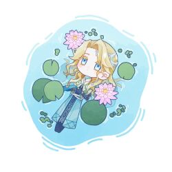  1boy 6_(reverse:1999) black_boots black_gloves blonde_hair blue_eyes blue_robe boots chibi commentary_request flower full_body gloves highres lily_pad long_hair lying male_focus o_mgr6 official_alternate_costume partially_submerged pink_flower reverse:1999 robe solo water water_lily_flower white_background 