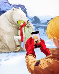  1boy 1other absurdres bear black_shirt blonde_hair blue_eyes brown_gloves double_v earrings emalfire enkidu_(fate) fate/strange_fake fate_(series) gilgamesh_(fate) gloves green_hair head_in_mouth highres jacket jewelry long_coat necklace on_one_knee pants polar_bear red_eyes red_gloves red_scarf scarf selfie selfie_prank shirt sparkle turtleneck v white_pants white_shirt winter_clothes yellow_jacket 