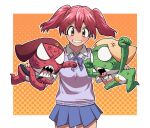  1girl absurdres angry belt cardigan frog giroro hat highres hinata_natsumi keroro keroro_gunsou long_hair open_mouth pink_hair sasar1211 school_uniform shirt simple_background skirt skull star_(symbol) tongue twintails yellow_eyes 