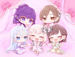  1other 25-ji_nightcord_de._(project_sekai) 4girls :d ^_^ akiyama_mizuki asahina_mafuyu blue_dress blue_eyes blue_hair blush brown_eyes brown_hair chibi chibi_only closed_eyes closed_mouth commentary_request double-parted_bangs dress full_body green_dress hair_between_eyes hair_ornament highres holding_hands leaf_hair_ornament long_hair meiko_(vocaloid) multiple_girls open_mouth oyasumirakko pink_background pink_hair ponytail project_sekai shinonome_ena shoes short_hair short_sleeves sitting smile violet_eyes vocaloid white_shoes yoisaki_kanade 